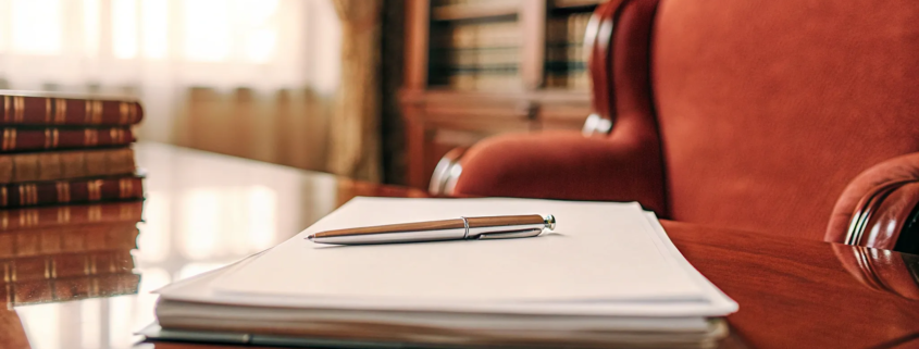 A non-compete agreement on a lawyer's desk with a pen for review.