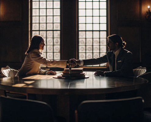 A lawyer helps partners finalize a partnership dissolution agreement with a handshake.