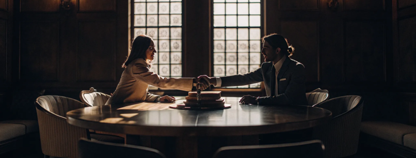 A lawyer helps partners finalize a partnership dissolution agreement with a handshake.