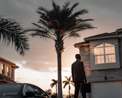 A real estate litigation attorney stands before a residential home, ready to handle a dispute.
