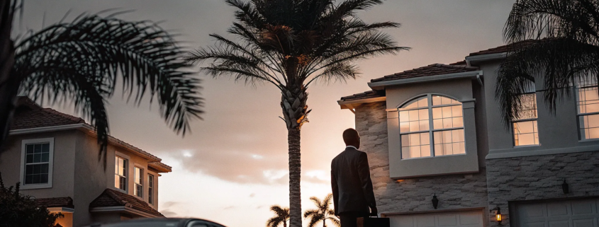 A real estate litigation attorney stands before a residential home, ready to handle a dispute.