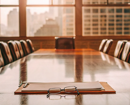 Boardroom table with legal papers prepared for a partnership dispute lawyer consultation.