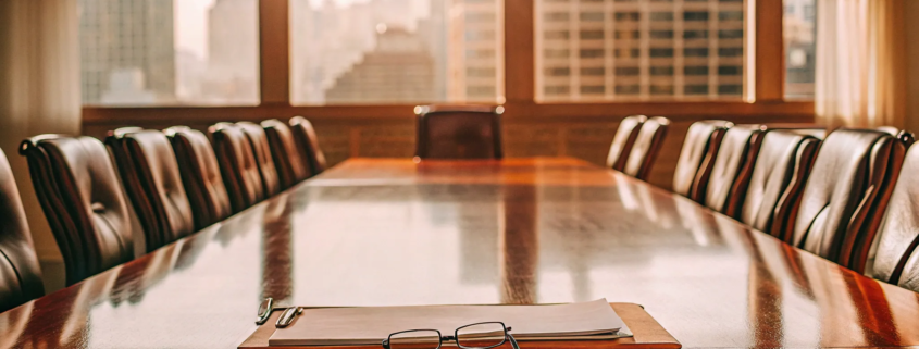 Boardroom table with legal papers prepared for a partnership dispute lawyer consultation.