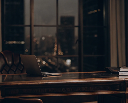 Law office desk prepared for a consultation with an attorney for business litigation.