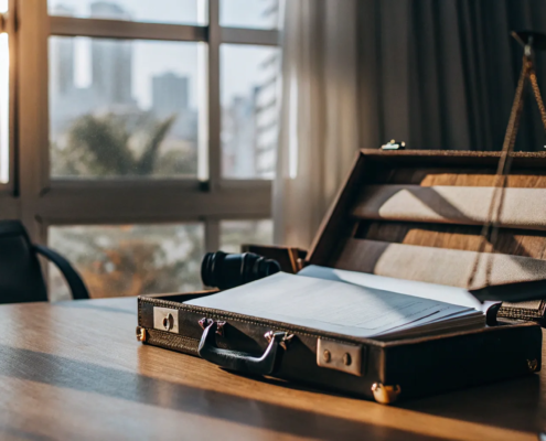 A probate litigation attorney's desk with legal documents and a briefcase.