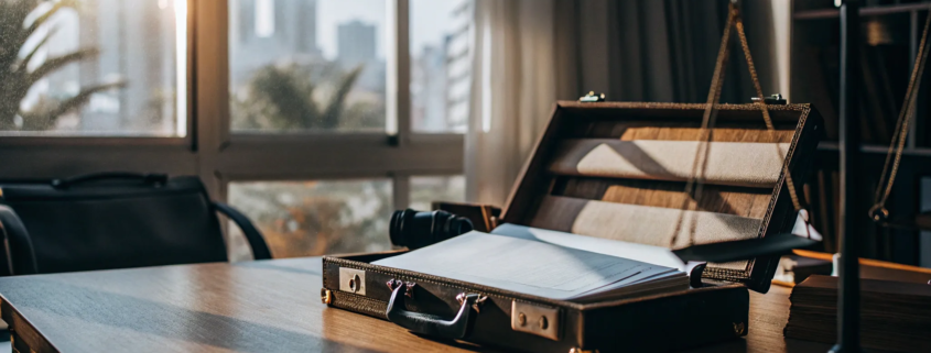 A probate litigation attorney's desk with legal documents and a briefcase.