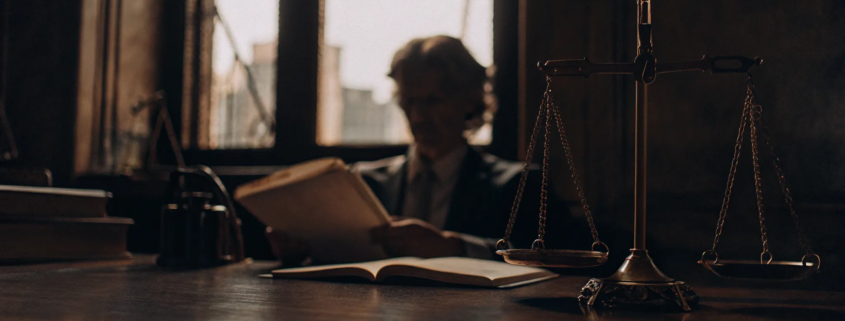 Business fraud attorney analyzing evidence with scales of justice on the desk.