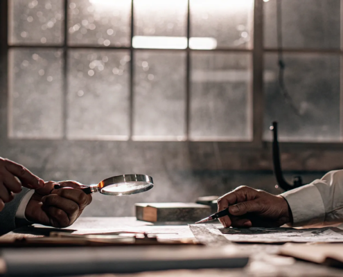 Business partners examining documents for signs of fraud in their partnership.