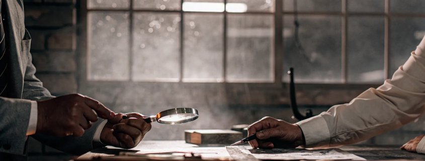 Business partners examining documents for signs of fraud in their partnership.