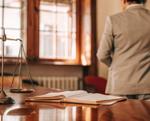 A business fraud lawyer at a desk with scales of justice, an expert to hire for your case.