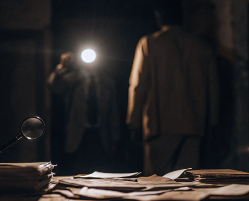 Investigators use a flashlight and magnifying glass on documents to see what constitutes business fraud.