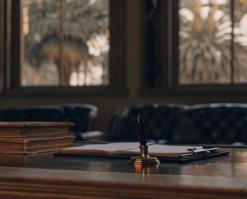 Florida contract attorney reviewing a legal document in an office.