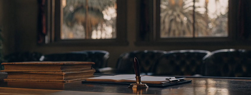 Florida contract attorney reviewing a legal document in an office.