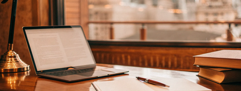 An attorney's desk with law books and a laptop for handling landlord issues.