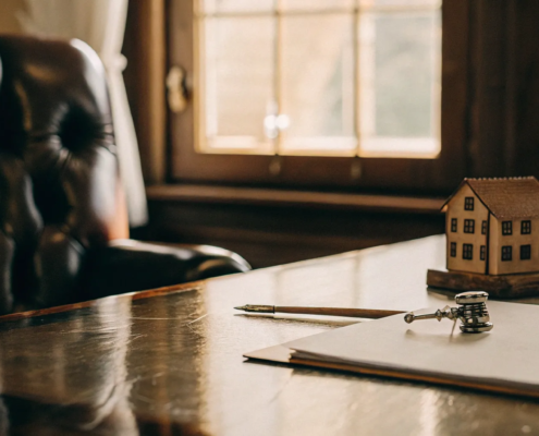 Real estate attorney's desk with a contract and house model for determining closing fees.