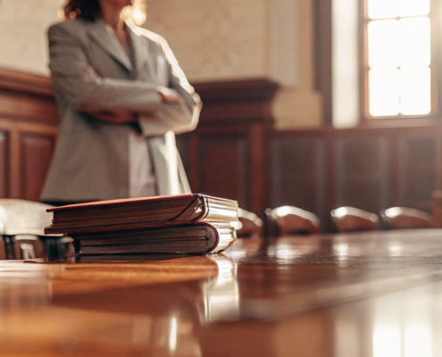 Attorney in a courtroom with legal documents for a successful quiet title action.