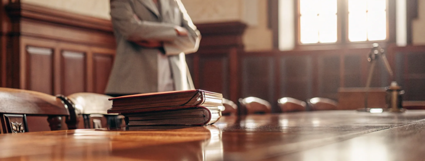 Attorney in a courtroom with legal documents for a successful quiet title action.
