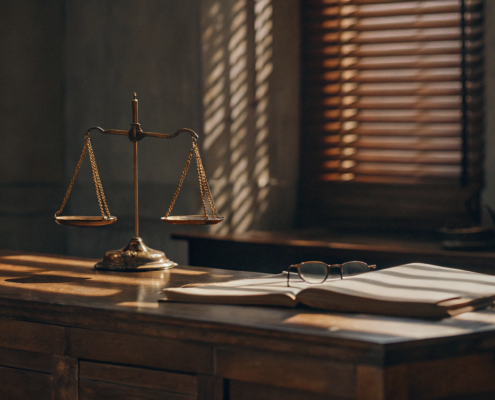 Gavel and scales of justice on a desk for a non-solicitation agreement attorney.