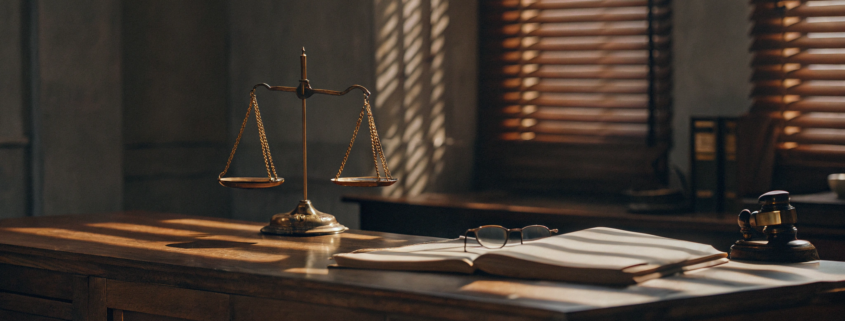 Gavel and scales of justice on a desk for a non-solicitation agreement attorney.