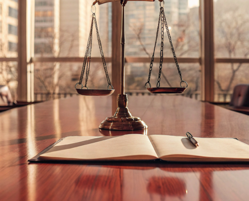 Scales of justice and a law book for an anticipatory repudiation of contract attorney.