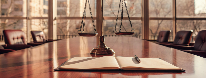 Scales of justice and a law book for an anticipatory repudiation of contract attorney.