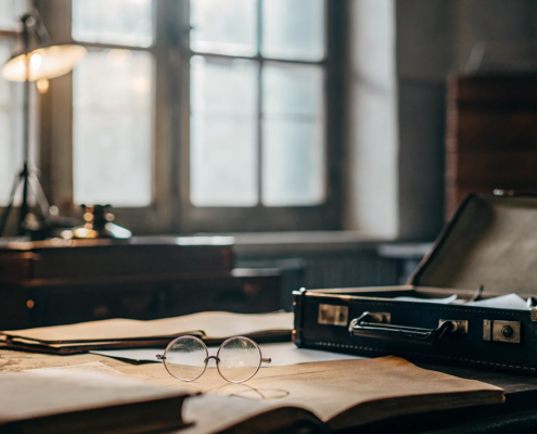 An inheritance dispute lawyer's desk with legal documents and a briefcase.