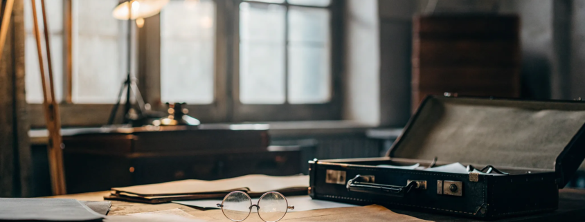 An inheritance dispute lawyer's desk with legal documents and a briefcase.