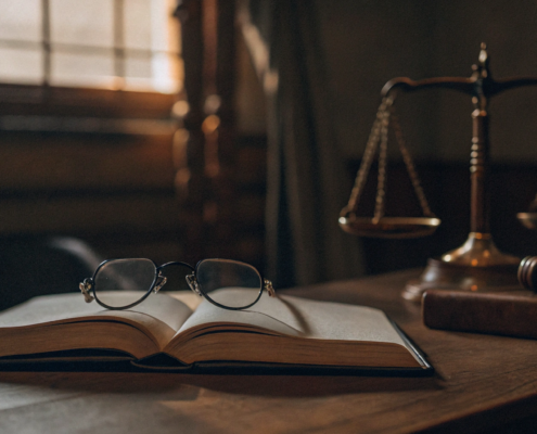 A physician employment contract lawyer's desk with a law book, gavel, and scales.