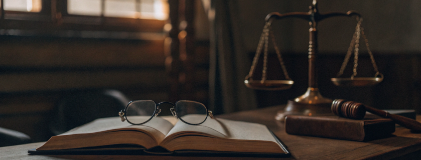 A physician employment contract lawyer's desk with a law book, gavel, and scales.