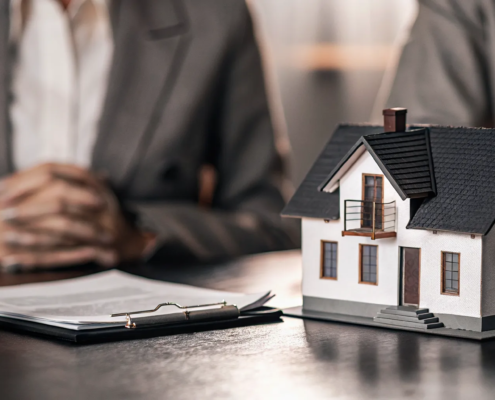 Scales of justice, a house model, and documents for Florida's quiet title requirements.