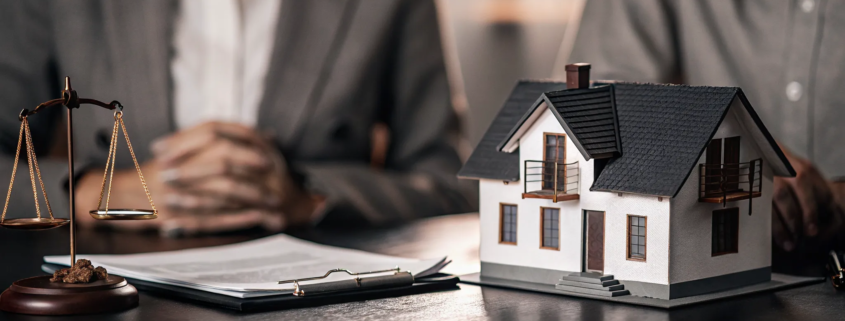 Scales of justice, a house model, and documents for Florida's quiet title requirements.