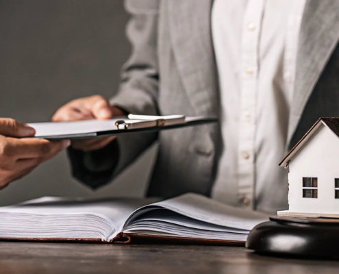 A legal contract, gavel, and house model symbolizing key real estate law terms.