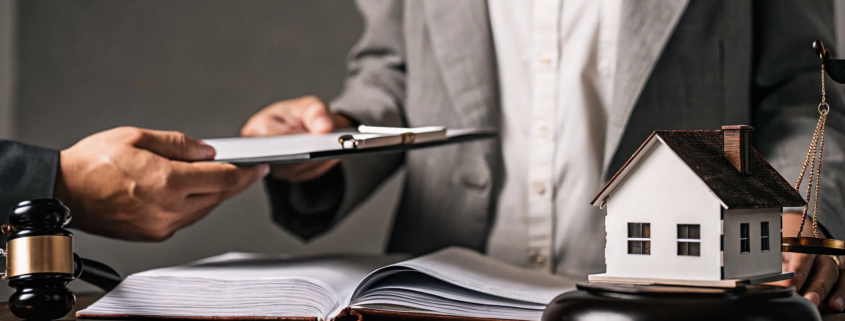 A legal contract, gavel, and house model symbolizing key real estate law terms.