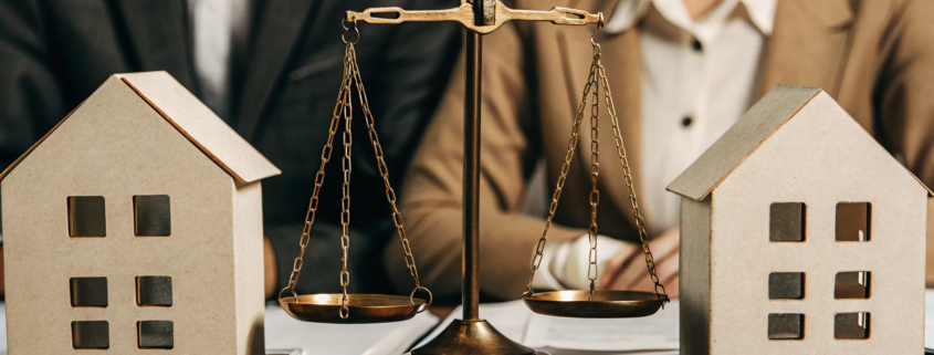 Two model houses balanced on scales of justice under the Partition of Real Property Act.