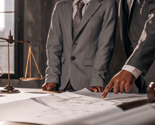 Attorneys reviewing construction defect litigation documents with a gavel and scales of justice.