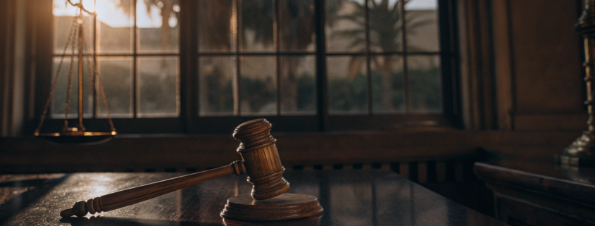 Gavel and scales of justice on a desk, representing where to file a complaint against a landlord.