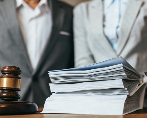 A gavel and scales of justice on a desk for a contesting a will lawyer.